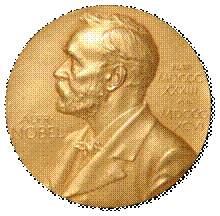 A golden medallion with an embossed image of Alfred Nobel facing left in profile. To the left of the man is the text "ALFR" then "NOBEL", and on the right, the text (smaller) "NAT" then "MDCCCXXXIII" above, followed by (smaller) "OB" then "MDCCCXCVI" below.