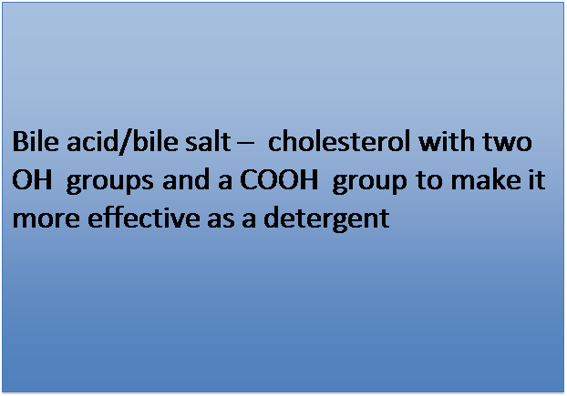 Text Box: Bile acid/bile salt –  cholesterol with two OH  groups and a COOH  group to make it more effective as a detergent

