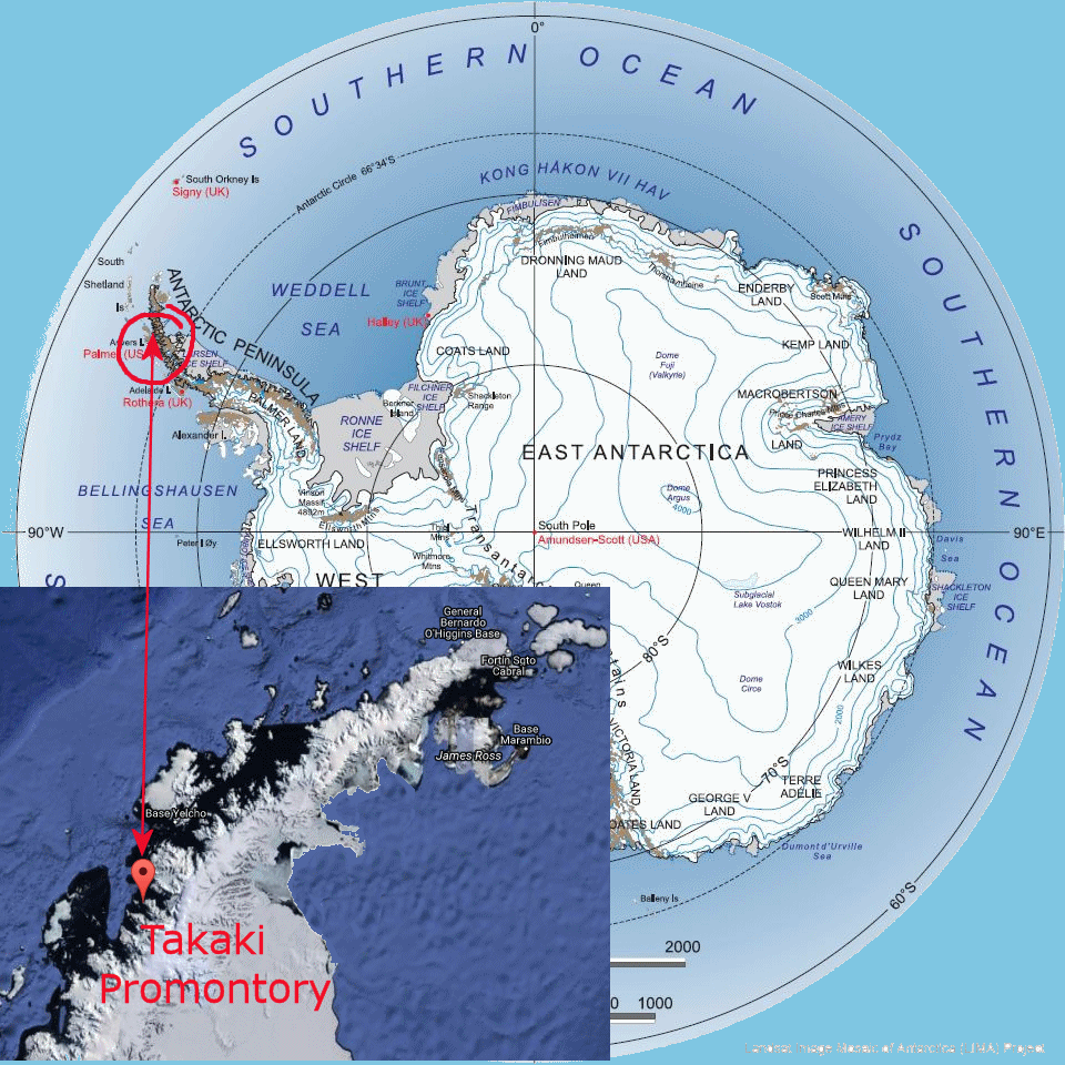 The location of the Takaki Promontory in Antactica