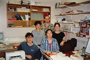 In the old lab just before Toon's viva, 2001 with Francesca and John