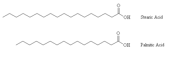 structures of stearic acid and palmitic acid: drawn using ChemWeb