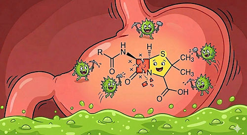 Beta-lactam breakdown in the acidic stomach