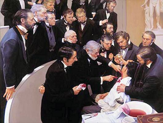 oil painting depicting Dr John Collins Warren performing the first (public) surgery without pain as William Morton administers ether