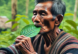 A Thai farmworker eating a kratom leaf [from: https://damp-e.com/en/blog/different-kratom-types
