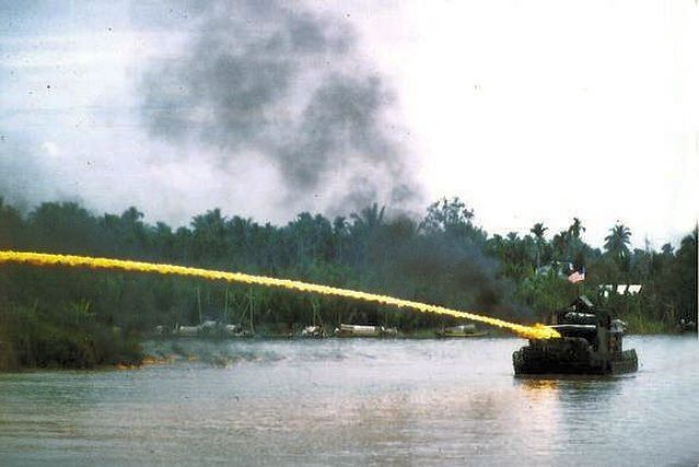 A U.S. riverboat deploying napalm