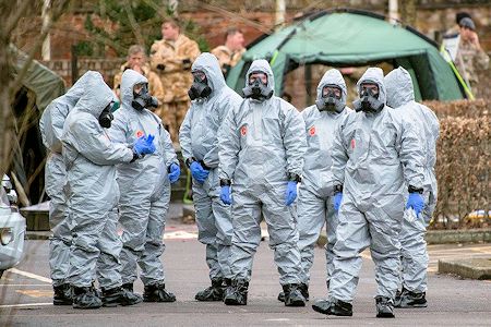 Scientists in hazchem suits in Salisbury