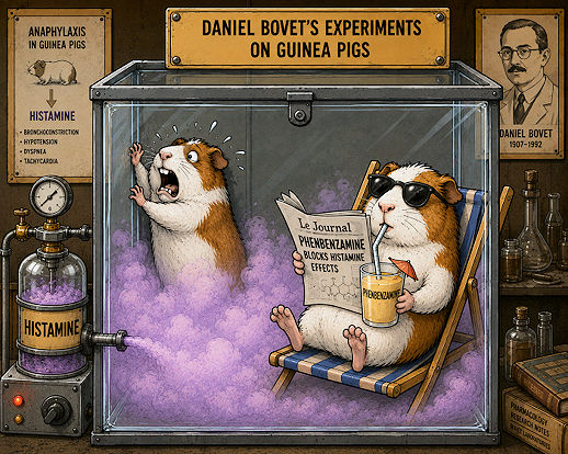 Bovet's experiments on guinea pigs, image generated during using Chatgpt by hugo Odgers, 2026 