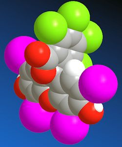 Spacefill model of the structure of Rose Bengal