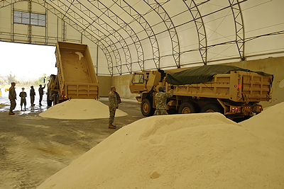 A road salt truck which spreads the salt over icy roads