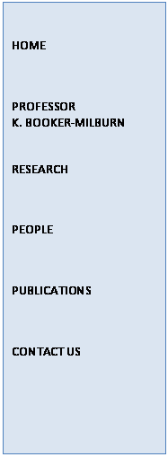 Text Box: HOME

PROFESSOR 
K. BOOKER-MILBURN

RESEARCH

PEOPLE

PUBLICATIONS

CONTACT US


