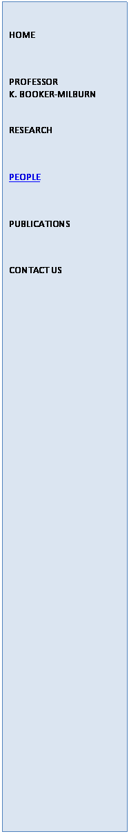 Text Box: HOME

PROFESSOR 
K. BOOKER-MILBURN

RESEARCH

PEOPLE

PUBLICATIONS

CONTACT US


