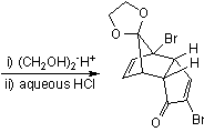 The more reactive, bridgehead ketone group is protected by Ketal formation.